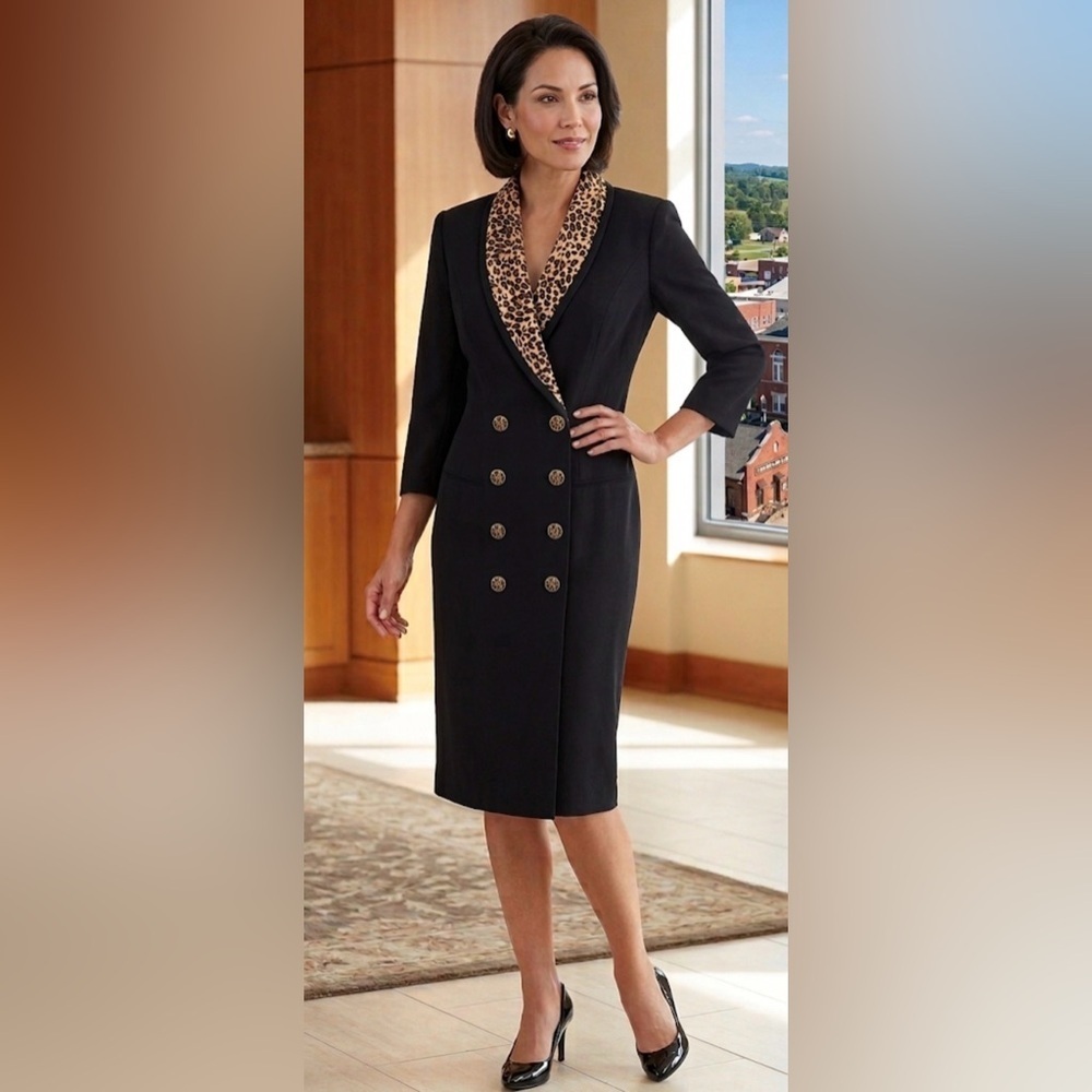 Danny & Nicole Black Front Button Dress with Leopard Print Buttons & Collar